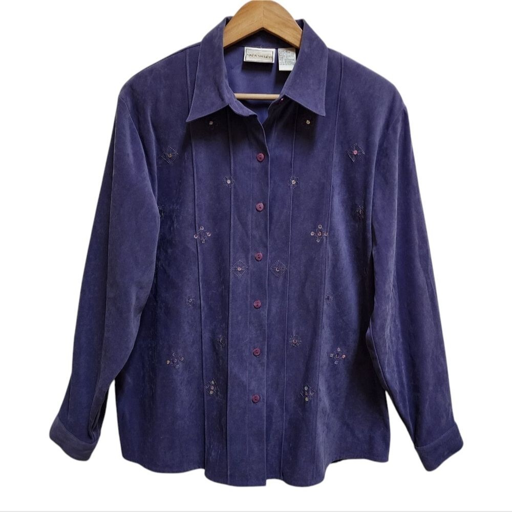 Napa Valley Shirt Shacket L Purple Faux Suede Floral Sequins Embroidered Button